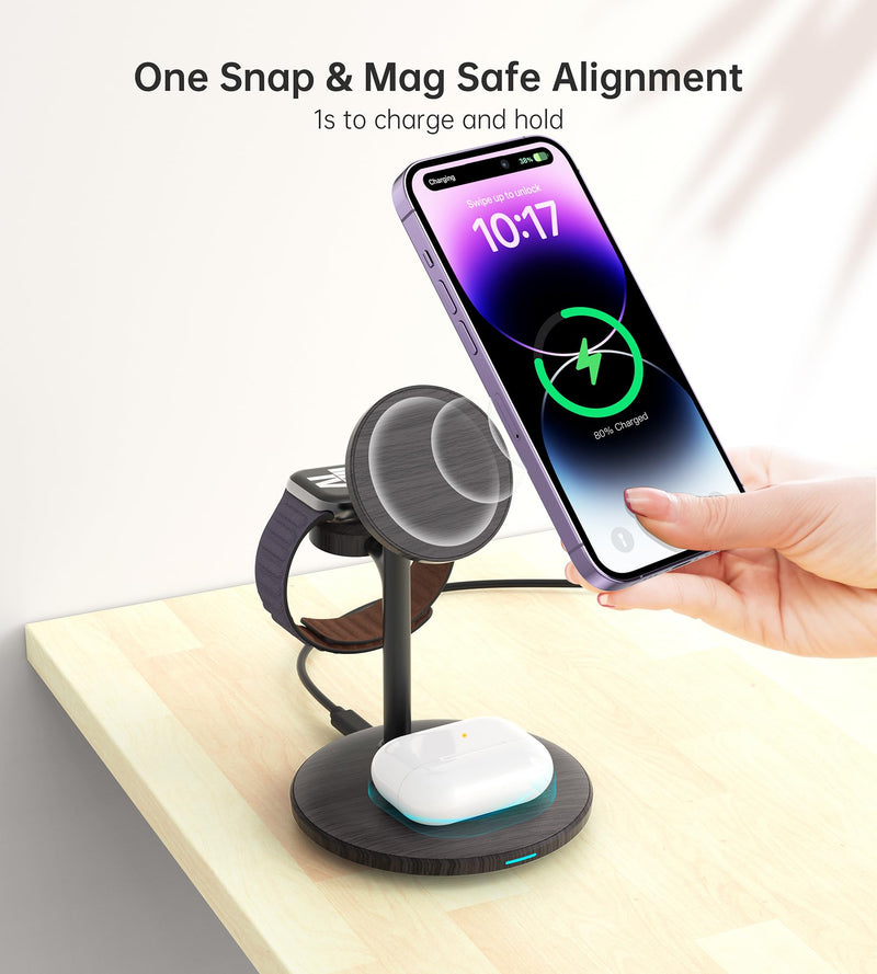 XooFly 3 in 1 Wireless Charging Station for Apple Devices, Fast Wireless Mag-Safe Charger Stand with 20W Adapter for iPhone 17/16 15 14 13 12 Pro Max/Pro/Plus/Air/Mini,iWatch,AirPods(Black Wood Grain) Black Woodgrain