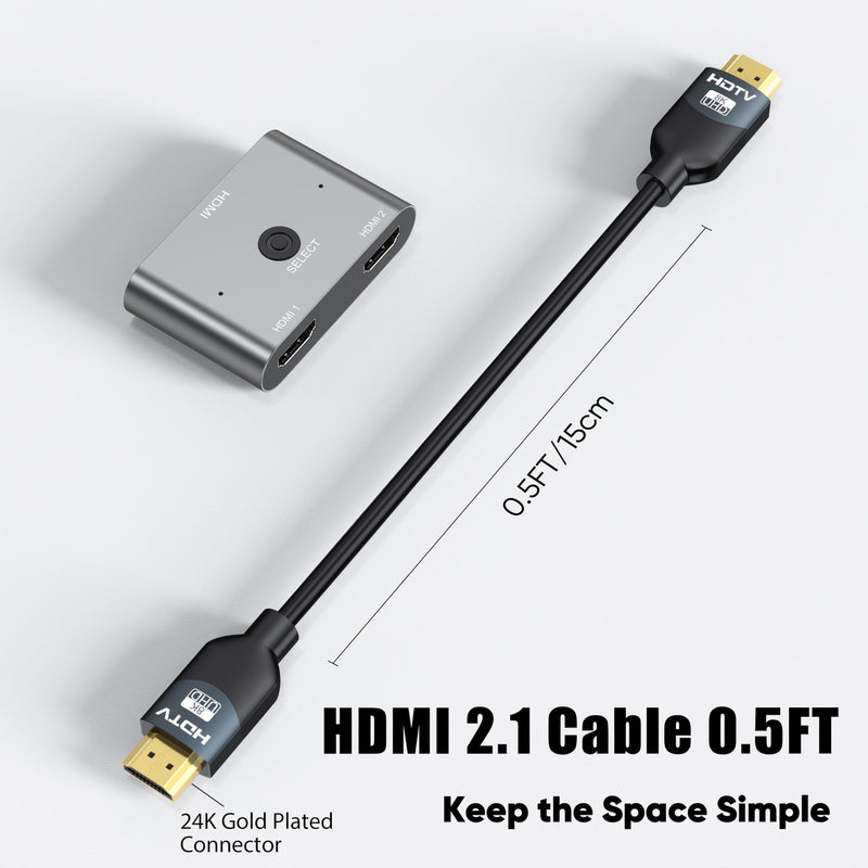 8K HDMI 2.1 Cable 0.5FT（6Inch）2-Pack, Ultra High Speed 48Gbps HDMI Braided Cord, Support HDR10+, eARC, SBTM, QMS, CEC, HDCP 2.3 for TV, Monitor, PC, Laptop, HDMI Switch, HDMI Splitter, KVM, Projector 8K-0.5FT Black