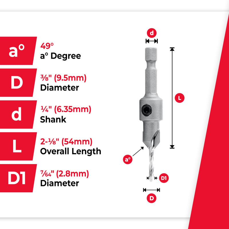 Amana Tool Carbide Tipped 82 Degree Countersink Drill Bit, 55264, 3/8 D x 49 Deg x 1/4 Quick Release Hex Shank for Wood Screw 8