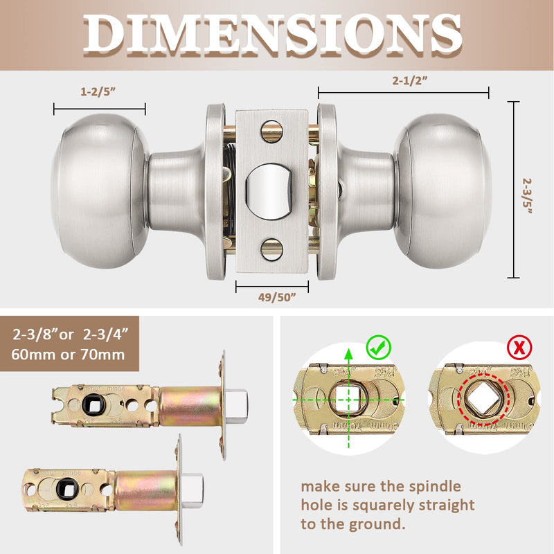Probrico 2 Pack Interior Door Knobs - Brushed Nickel Passage Handles, Keyless Closet Door Knobs, Silver Stainless Steel Finish Satin Nickel