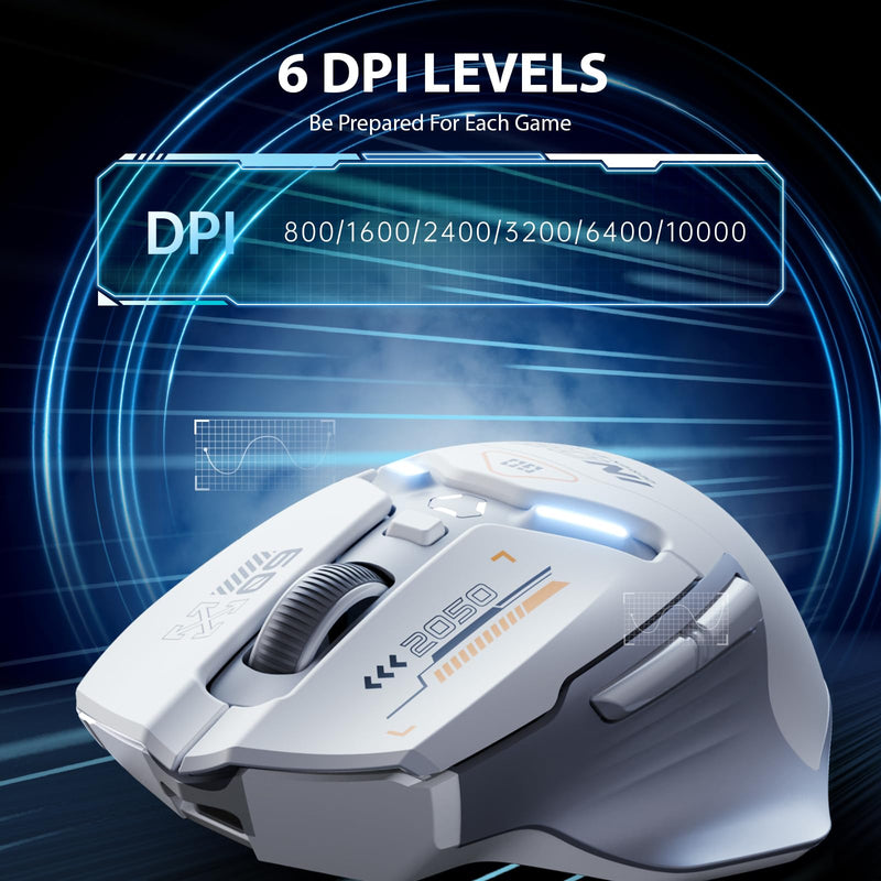 INPHIC IN9 Wireless Gaming Mouse, True Tri-Mode Bluetooth/Type-CWired/2.4G Wireless Mouse, 10000 DPl, Fully Programmable, RGB Backlit, Rechargeable Wireless Computer Mouse for Laptop PC Mac-White-Gray Gray