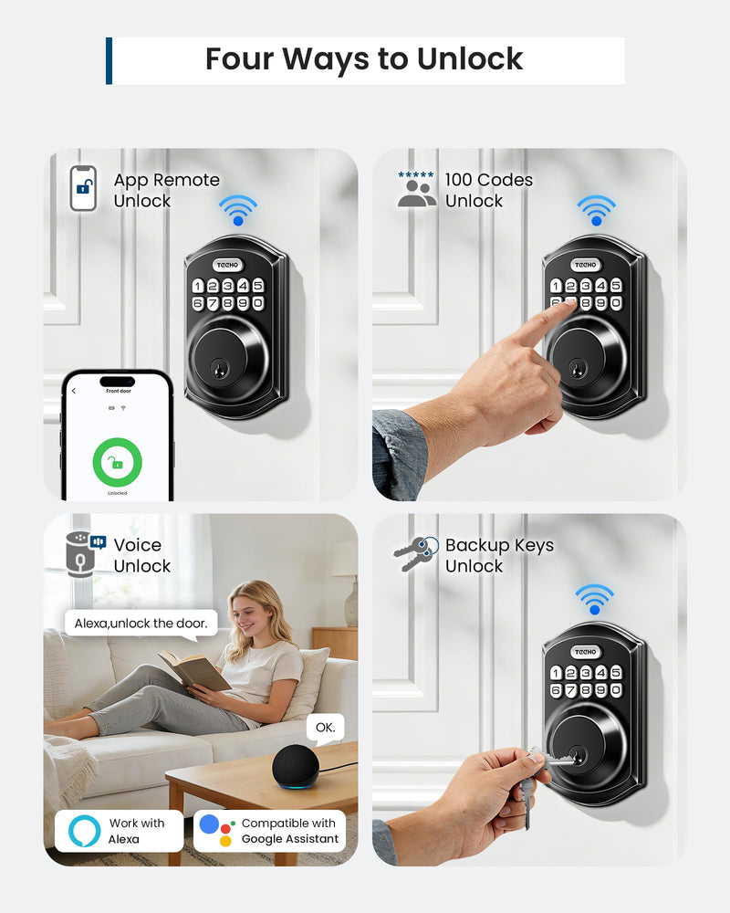 TEEHO TE011W Wi-Fi Keyless Entry Door Lock with Keypad - Smart Deadbolt Lock for Front Door with 2 Keys - Remote Control, Compatible with Alexa & Google, APP Unlock - Easy Installation - Matte Black