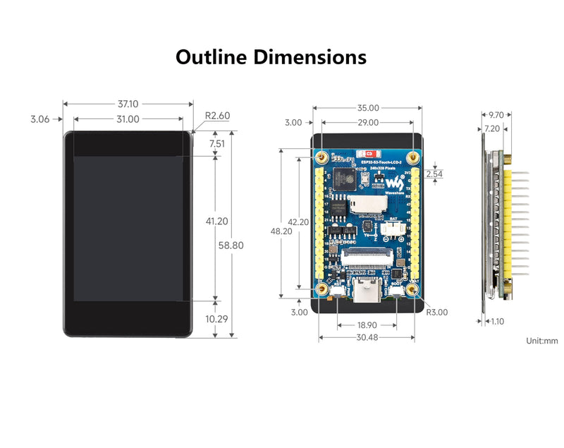 ESP32-S3 2inch Capacitive Touch Display Development Board, Onboard 2inch IPS Touchscreen 240x320 Pixels, 32-bit LX7 Dual-core Processor, Supports WiFi & Bluetooth (Without Camera Module)