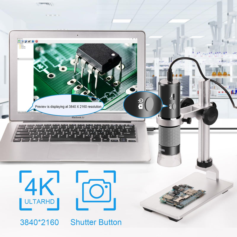 4K 3840x2160p WiFi Digital Microscope Camera with Adjustable Metal Stand, Wireless Portable Microscope for iPhone Android Phone and Windows Mac PC Gray