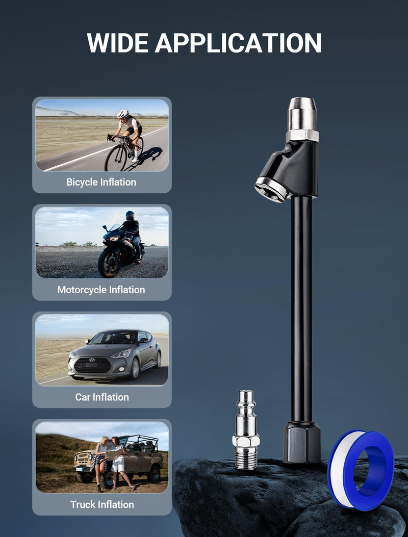 Air Chuck Set, 1/4" FNPT Extended Reach Dual Head Air Chuck w/Quick Plug, 2-Way Connect Tire Air Chuck for Tire Inflator Gauge/Air Compressor, Tire Chuck for Truck, Bicycle, Motorbike, Car Straight Foot Dual Head