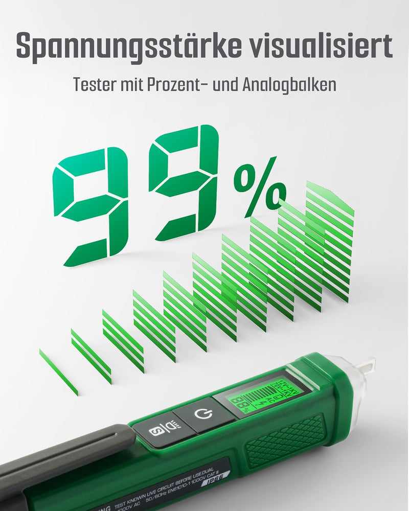 Non-contact voltage tester, TESMEN TN-213, phase tester, non-contact continuity tester, AC 12V-/70V-1000V, dual range, flashlight, LCD display in percent, buzzer alarm, wire break detection-green green