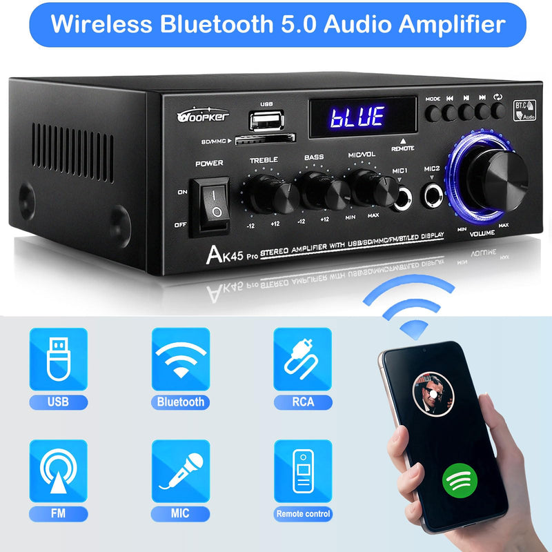 AK45 Pro Stereo Amplifier Home Audio, Stereo Receivers with Bluetooth 5.0,Max 400W, 2.0 Channel Audio Receiver for Home Theater Speakers w/USB/SD/RCA/2 MIC in for Karaok AK45 PRO