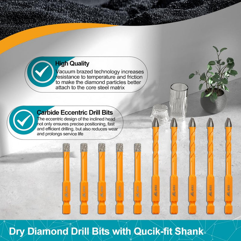 Tile Drill Bits Kit 6mm 5pcs Quick-fit Shank& 6mm 5pcs Carbide Drill Bits for Drilling Ceramic Porcelain Tile Marble Granite Masonry set 3--6mmx5+6mmx5