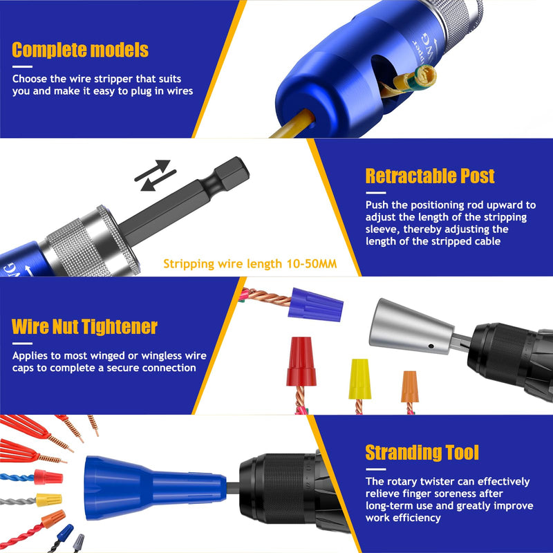 Wire Stripper Twister Tool for Drill,2025 Upgraded Wire Stripping Tool & Wire Twisting Connector for Cutters 6-14 AWG,8 In 1 Professional Electrician Twister Stripping with 70 PCS Wire Nut 5 PCS Blade