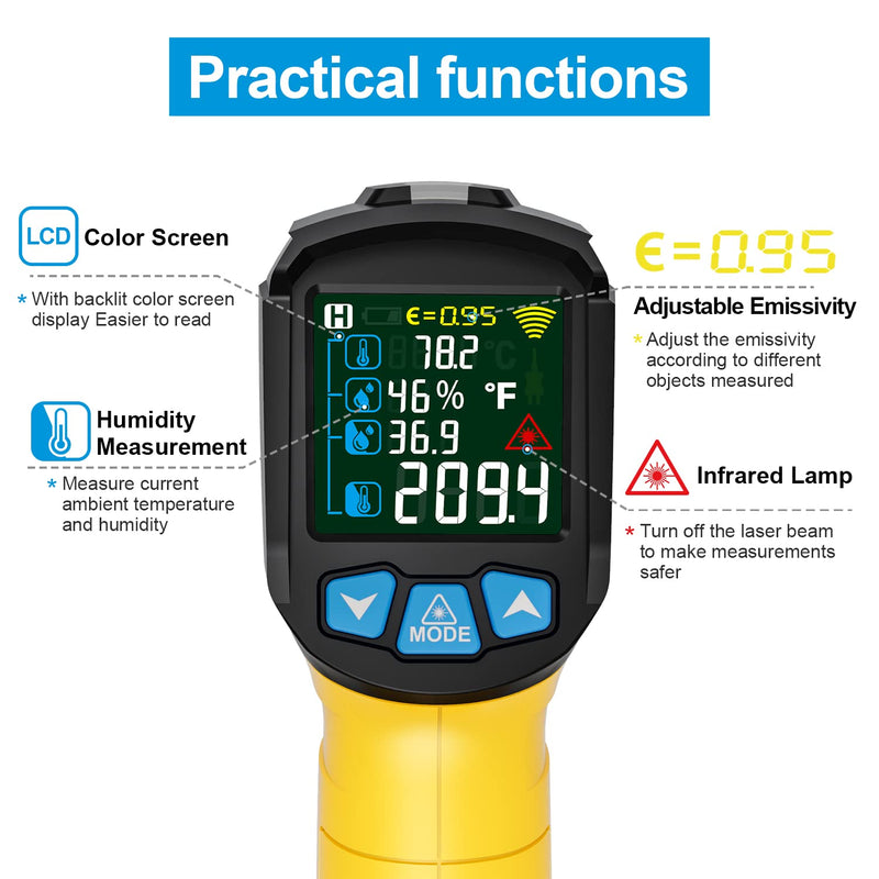 Infrared thermometer laser MESTEK temperature measuring device with K-probe IR pyrometer -50°C to 800°C non-contact color LCD alarm function adjustable emissivity for kitchen