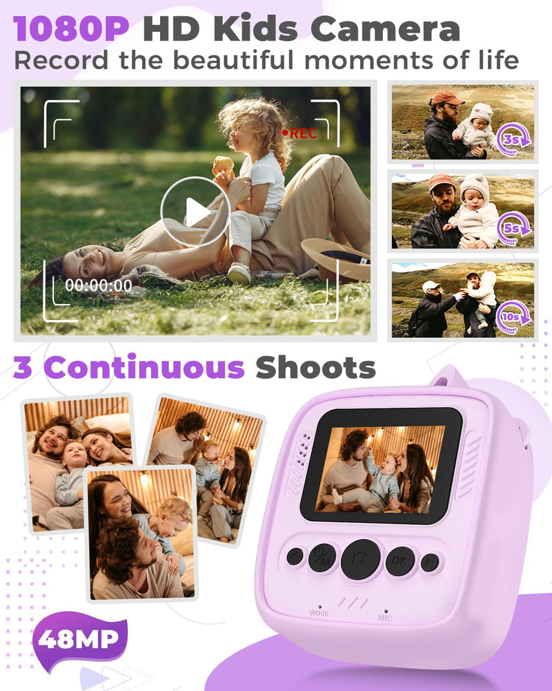 Instant Print Camera for Kids 3-12 Years, Thermal Print Kids Camera Toy is a Surprise Gift for Girls & Boys with 32G SD Card, 48 MP Photo, 1080P Video, 3 Rolls of Photo Paper (Purple) Purple