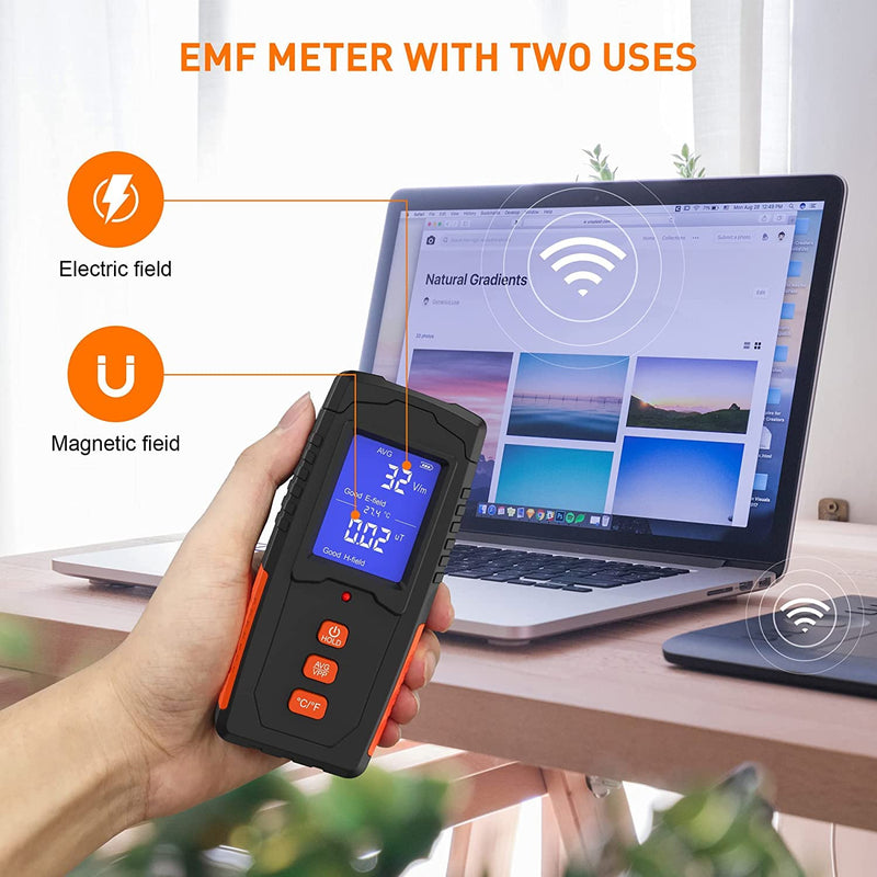 EMF Meter Rechargeable Electromagnetic Field Radiation Detector Handheld Digital LCD EMF Reader Temperature Measurement Tester for Home Inspections Outdoor Ghost Hunting