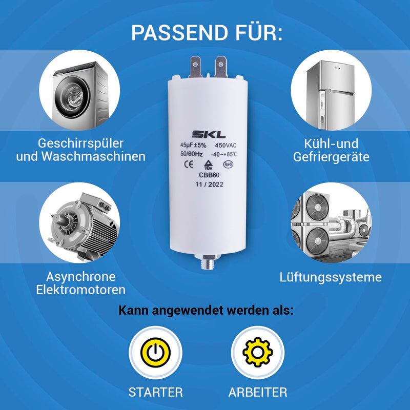 VIOKS Capacitor CBB60 Motor Capacitor 45µF 450V Universal Starting Capacitor Capacitor Motor with 6.3mm AMP plug-in tabs and M8 mounting screw for electrical household appliances 45.00 µF