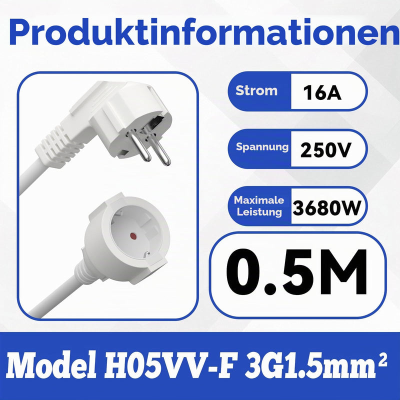 Extension Cable 0.5 m with Protective Contact Plug Schuko, IP20 Cable Extensions - 250 V, 16 A, 3680 W - Protective Contact 90° Angle Plug H05VV-F 3G1.5 mm², Increased Touch Protection - White