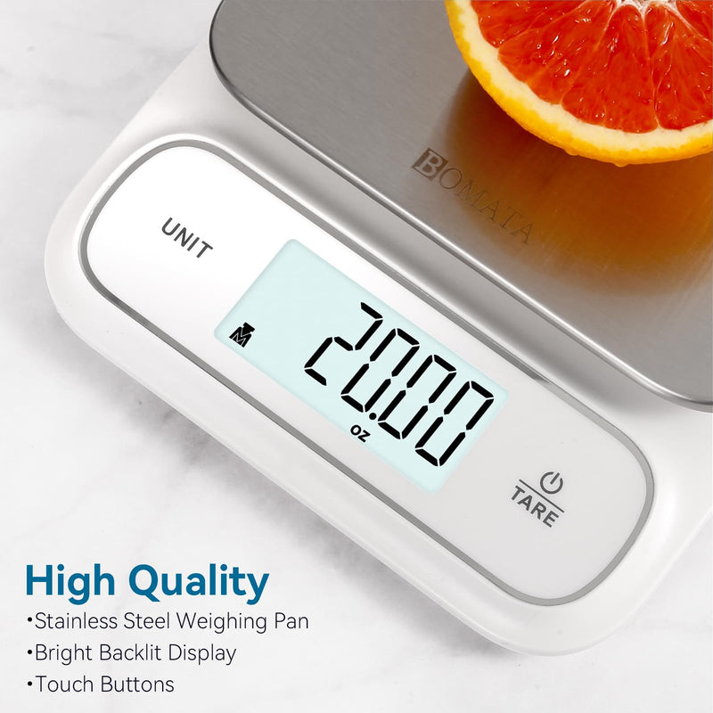 BOMATA Waterproof IPX6 Kitchen Scale, 0.1 g/0.01 oz High Precision, 5 kg/11 lbs, Digital Scale with Backlight, Stainless Steel Weighing Platform, for Food, Cooking, Baking, Weight Loss.. B619, White 0.1g/5kg Non-rechargeable White