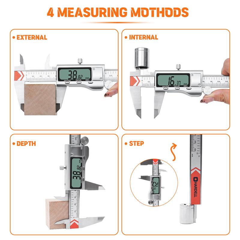 HARDELL 12" Digital Caliper, All-Metal Electronic Micrometer with Large LCD, Inch/Metric/Fraction Conversion, Precision Measuring Tool for Household & DIY (2 Batteries Included) 12 Inch