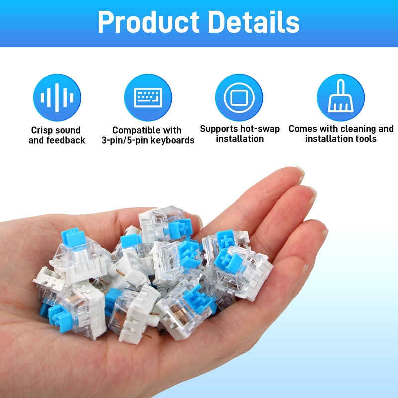 Pack of 50 Transparent Blue Axis Switches, Clicker Switches 3-Pin | Mechanical Keyboard Clicker with Puller and Cleaning Brush, Dustproof Switch for Gaming Keyboards, Typing, PC Accessories