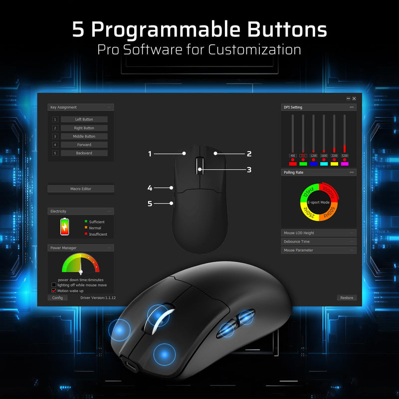 LTC GM022 Ultralight 3-Mode Wireless Gaming Mouse with RGB Charging Dock, PAW3395 26K DPI Sensor, 55G Lightweight Ergonomic Bluetooth Gaming Mouse, 5 Programmable Buttons, 80 Million Click Switch Black