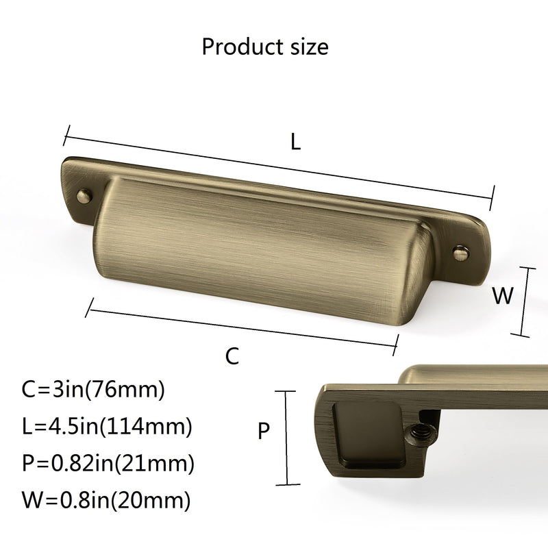 10 Pack Cup Pulls 3"(76mm) Center to Center Drawer Pulls Brushed Antique Brass Cabinet Cup Pulls Kitchen Cabinet Hardware Vintage Bronze Cabinet Handles Bin Cup Drawer Handles Brass Knobs. 3"(76mm) hole center Quantity:10