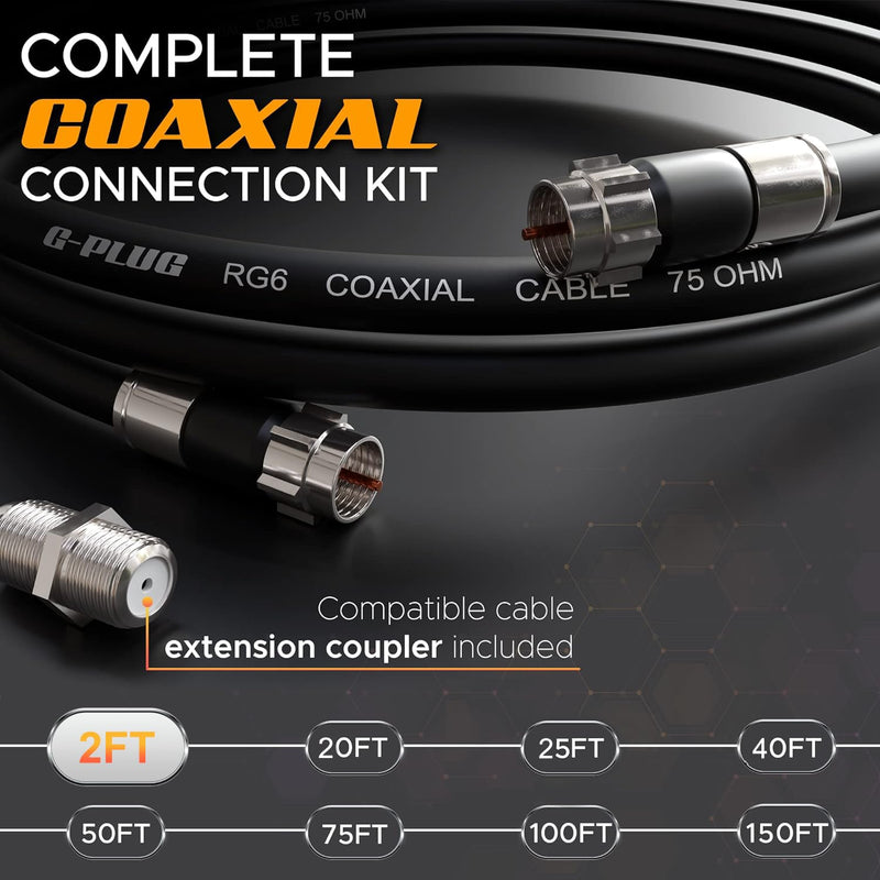 G-PLUG 2FT RG6 Coaxial Cable Connectors Set – High-Speed Internet, Broadband and Digital TV Aerial, Satellite Cable Extension – Weather-Sealed Double Rubber O-Ring and Compression Connectors Black