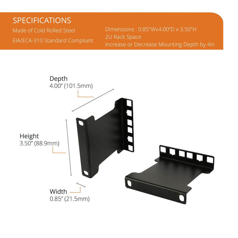 Tecmojo Server Rack Depth Extender - 2U - 4inch Depth - TAA Compliant - Recessed Rack Adapter - Rack Mount Adapter Kit - Network Rack Extender 2U/4"