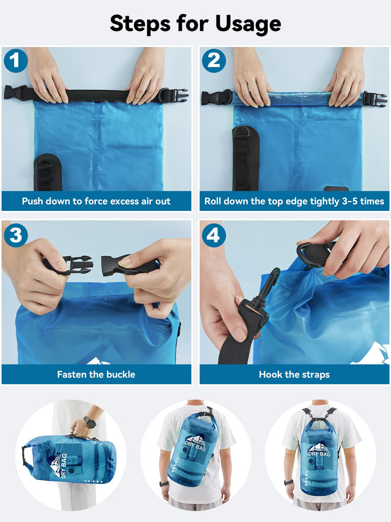 HEETA Dry Bag Waterproof for Women Men, 5L/10L/20L/30L/40L Roll Top Lightweight Dry Storage Bag Backpack with Phone Case for Travel Swimming Boating Kayaking Paddle Board Camping Beach Accessories Blue 10L