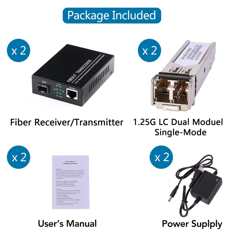 A Pair Gigabit Ethernet SFP Fiber Media Converters with Dual Core LC Transceiver Module, Single-Mode LC, SMF RJ45 to SFP Slot up to 20KM, 10/100/1000Base-Tx to 1000Base-SX (2 Pack) SingleMode LC Dual Port
