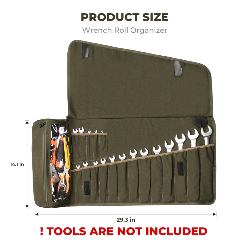 LELEZONE Wrench Roll Up Pouch, 19+1 Pockets Utility Roll, Portable Tool Organization Roll Bag, Gifts for Men Father Mechanic, Heavy Duty Canvas Wrench Organizer Bag (Green) Green