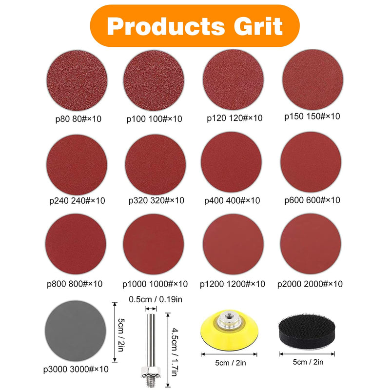 KONGMING 130 pieces sandpaper Velcro 2 inch 50 mm grit 80 100 120 150 240 320 400 600 800 1000 1200 2000 3000 sanding discs pad kit polishing pad adapter 130 pieces sandpaper 50 mm Velcro