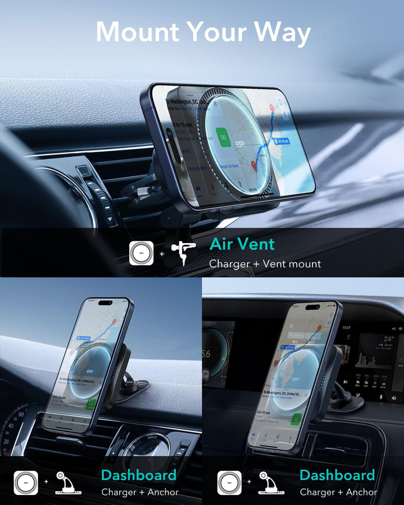 ESR for MagSafe Car Mount Charger with CryoBoost, Magnetic Wireless Car Charger Compatible with MagSafe Car Charger, for iPhone 15/14/13/12, Fast Phone Cooling Charger