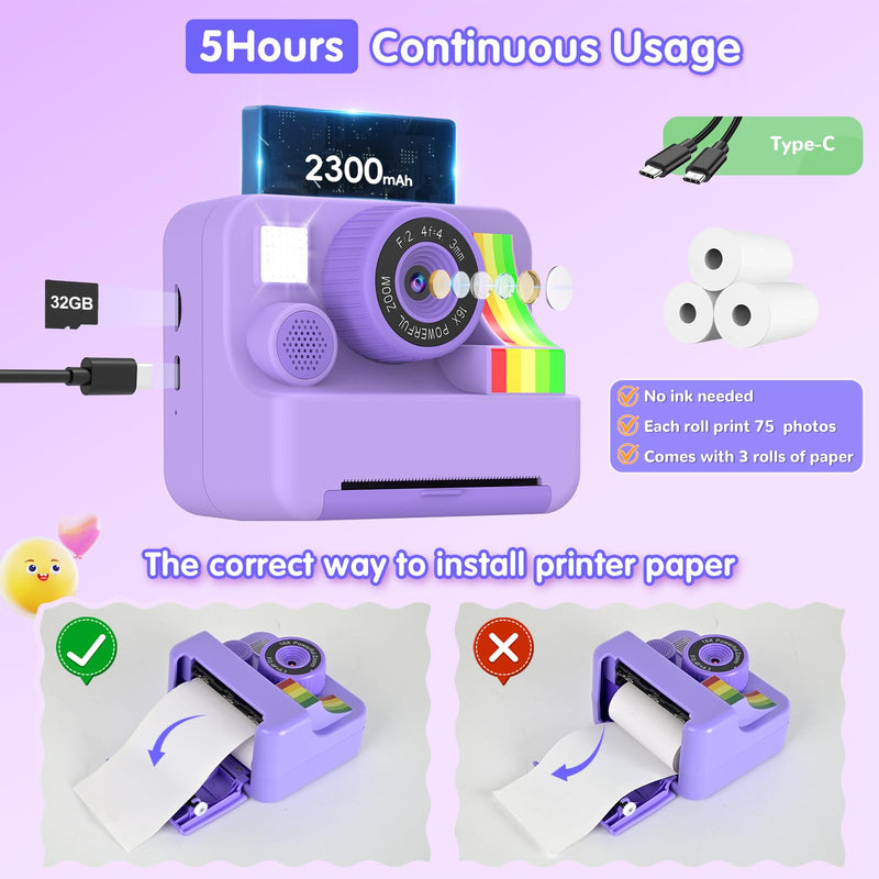 1080P Kids Instant Print Camera - Kids Camera for Girls and Boys, Ages 3-12, Portable Toy with 32GB SD Card & 3 Rolls Printing Paper - Best Christmas Birthday Gift for Kids, Purple