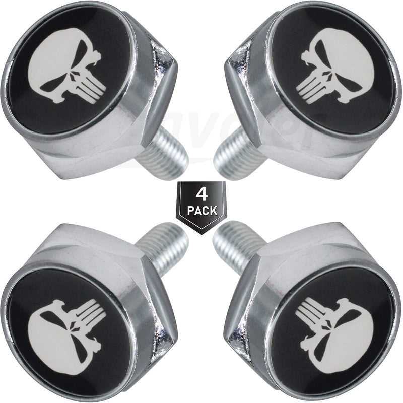 License Plate Screws Fastener Kit, 4 PCS License Plate Screws with Covers for Fastening License Plates or Frames of Most Cars, Trucks and Motorcycles (Silver Skull) Silver Skull