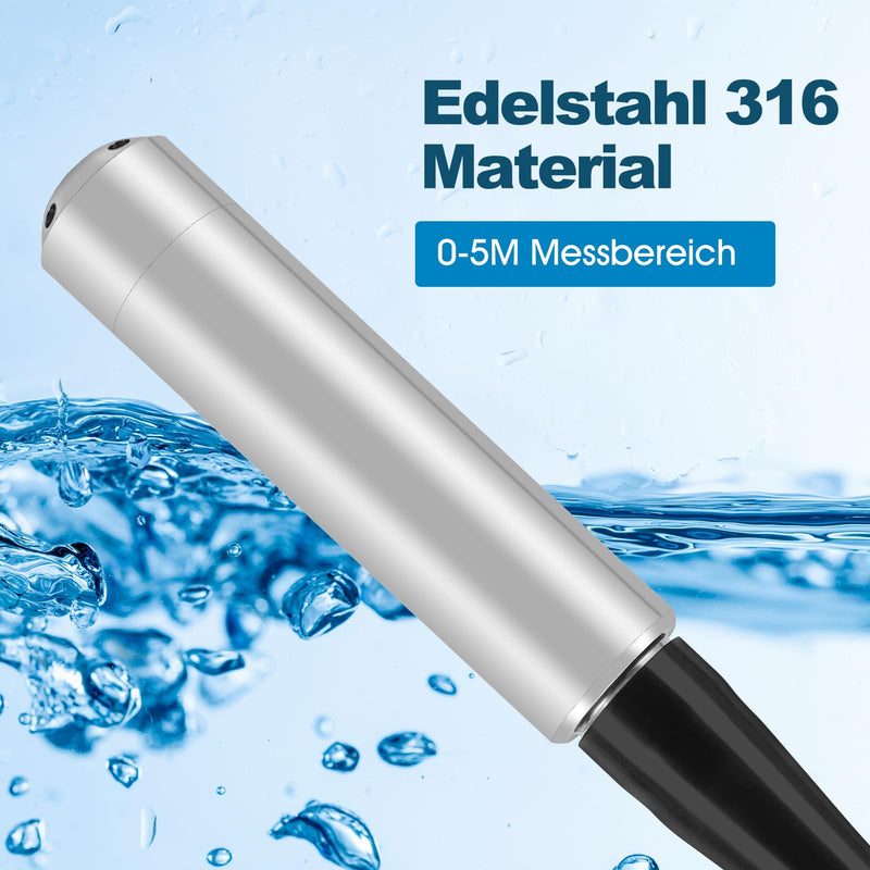 4-20mA Level Sensor, Flexible 316 Stainless Steel Water Level Sensor | Signal output, 6 m waterproof cable with measuring range 0-5 m, DC 24 V level indicator for water level and liquid