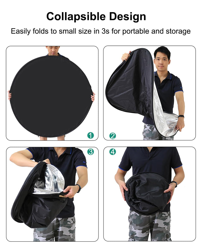PULUZ 5-in-1 Collapsible Reflector for Photography - 24” (60cm) Light Reflector with Storage Bag Kit for Studio Photography Lighting Outdoor (Silver/Translucent/Gold/White/Black) 24 Inch/60cm
