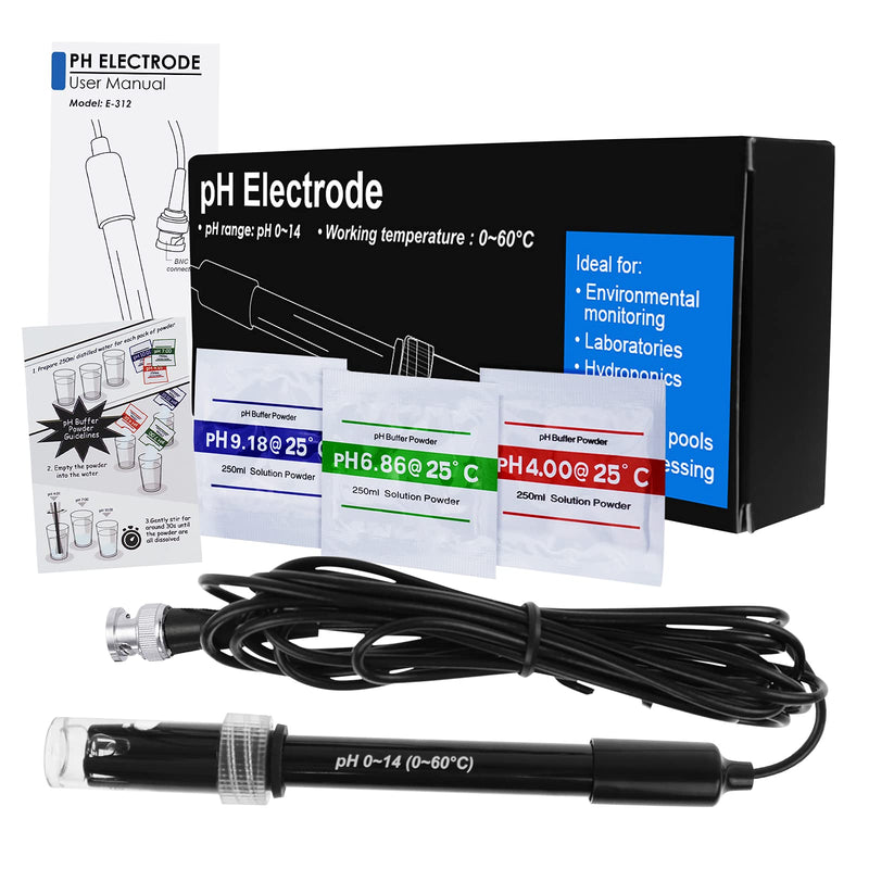 High accuracy pH electrode with calibration powder, 0-14 pH probe with BNC connector & 300cm cable for wide application