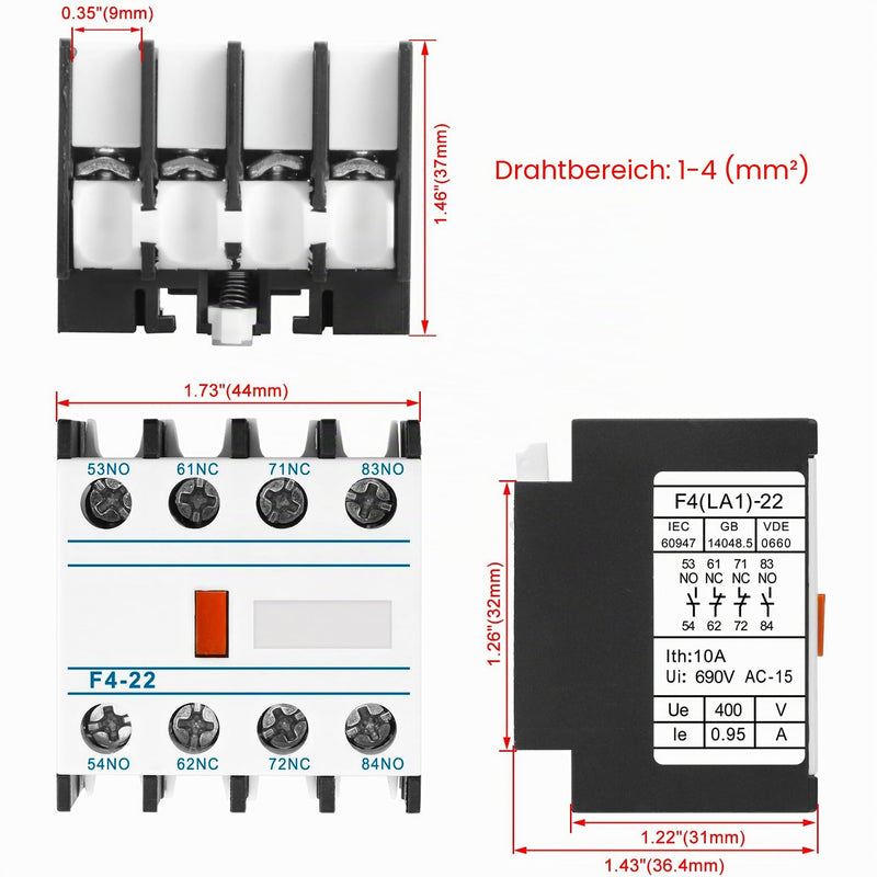 Heschen AC Contactor Auxiliary Contact Blocks F4-22 4 Pin 2NO 2NC Contacts Front Mount Screw Connector Fits CJX2 Series AC Contactors