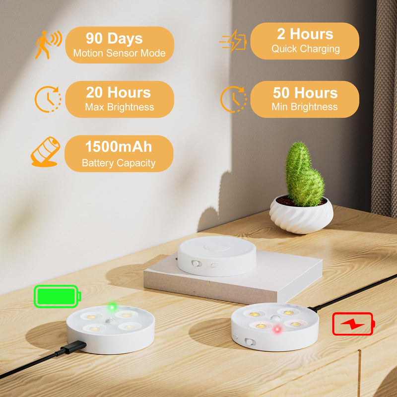 Puck Lights with Remote, Rechargeable 1500mAh Motion Sensor Night Lights, 13 RGB Colors, Dimmable LED Under Cabinet Lighting, Magnetic Stick-On Lights for Closet, Kitchen, Stairs, Counter, 6 Pack RGB Multicolor