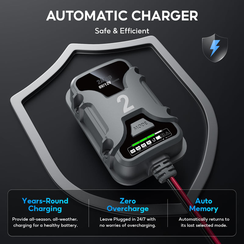 2A 6V/12V Smart Battery Charger Plug in – Auto Maintainer & Desulfator for AGM/Lithium – Trickle Charging for Cars, Boats, RVs 1 Bank(2A)