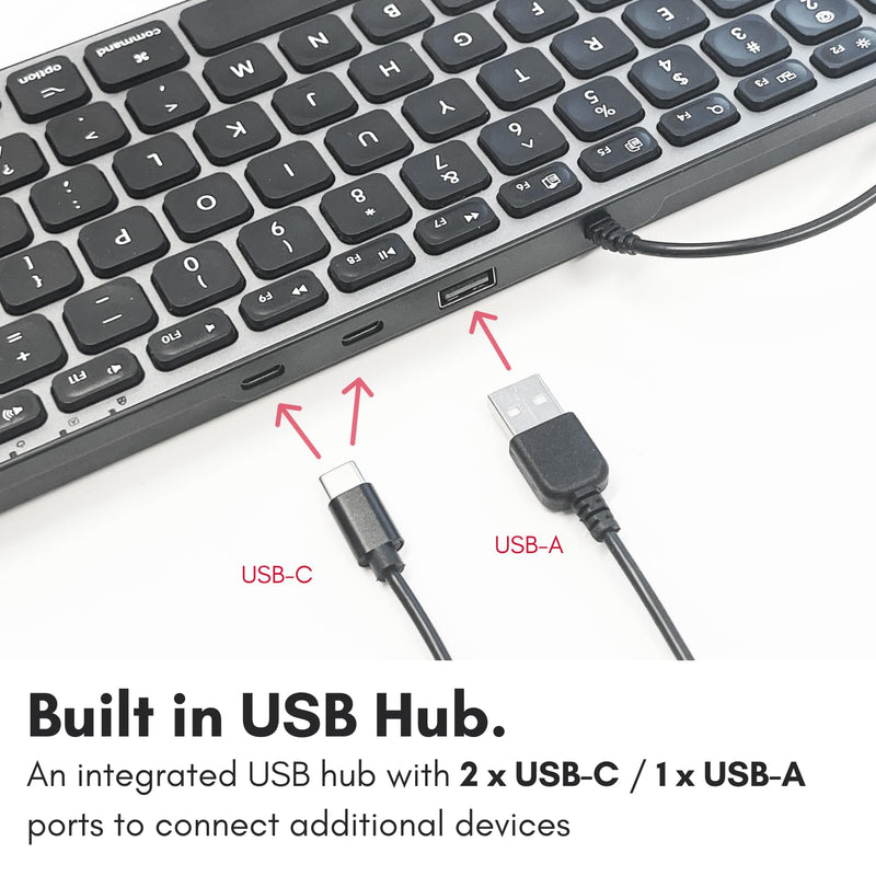 Macally Wired Keyboard for Mac with USB Hub (2X USB-C / 1x USB-A) - Compatible Small Apple Keyboard with 2 in 1 USB Plug - Save Space with an USB C Keyboard for Macbook Pro/Air, Mac Mini, iMac