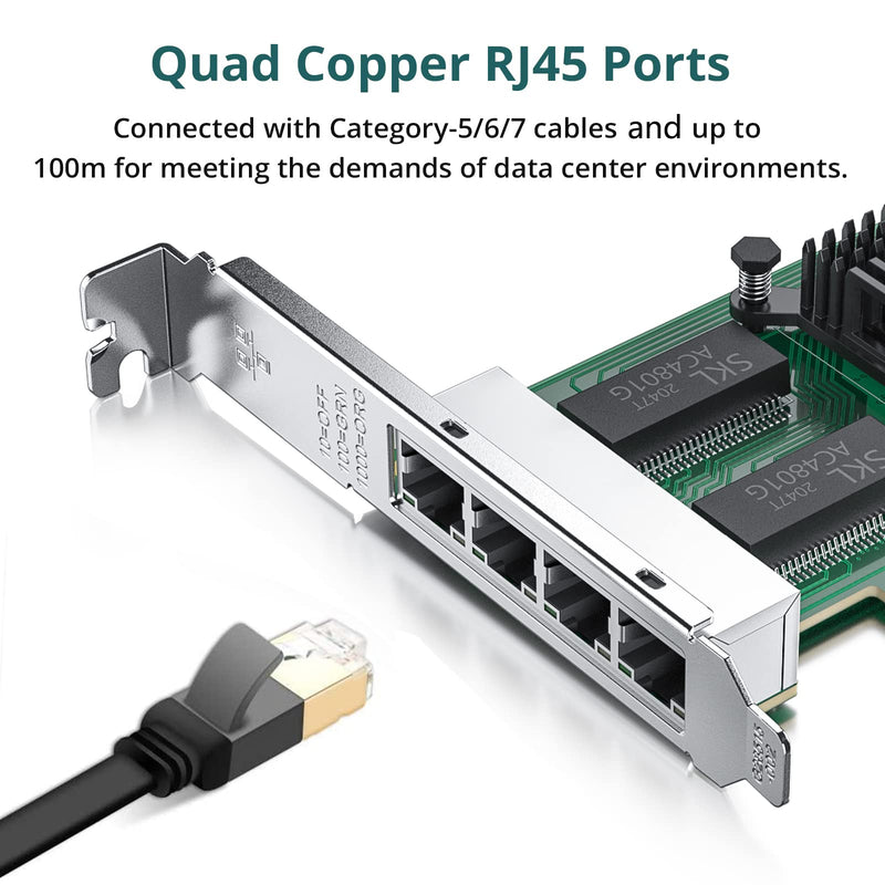 ipolex Intel I350-T4 Network Card, 4 Port NIC, Low Profile, Gigabit Ethernet Network Adapter Card with Intel I350-AM4 Controller, fit Windows/XP/Linux/VMware ESX/ESXi*, Quad RJ45 Ports, PCI-E 2.1 X4 4xRJ45 x1