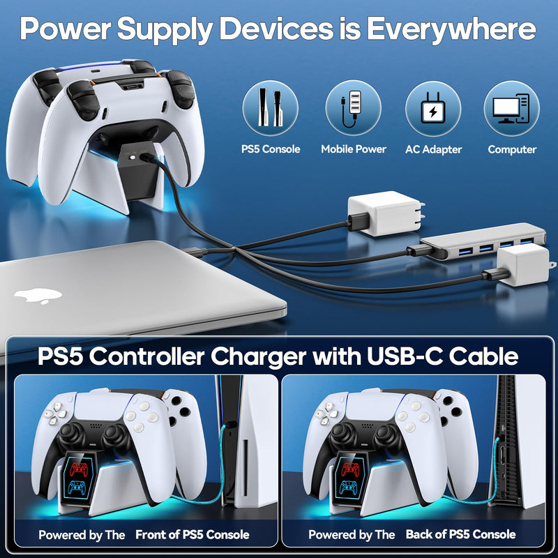 PS5 Controller Charger Station Compatible with PlayStation 5 Faceplates Edge & Dual Controller, PS5 Accessories Charging Station, PS5 Charging Dock Stand with LED Indicators & Charging Cable White