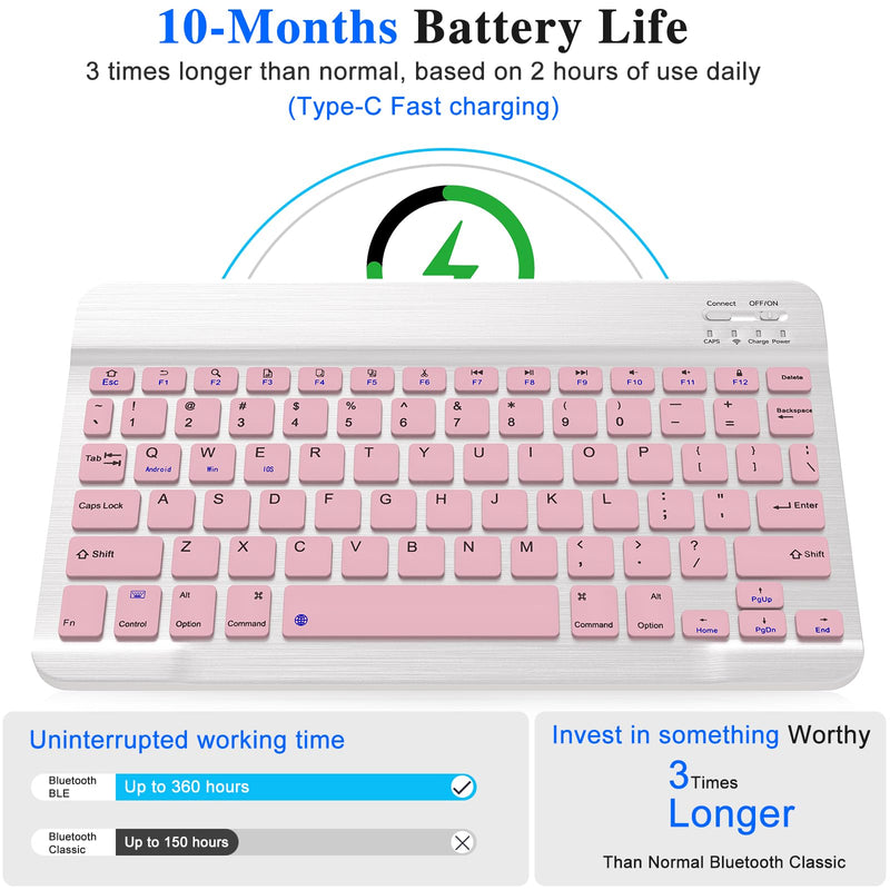 Bluetooth Keyboard & Mouse Combo, QWERTY Layout, 10 inch Ultra-Slim Wireless Rechargeable Keyboard, Lag-Free, Silent Keyboard Compatible with iPhone iPad Computer Tablet Keyboard (Pink) Pink