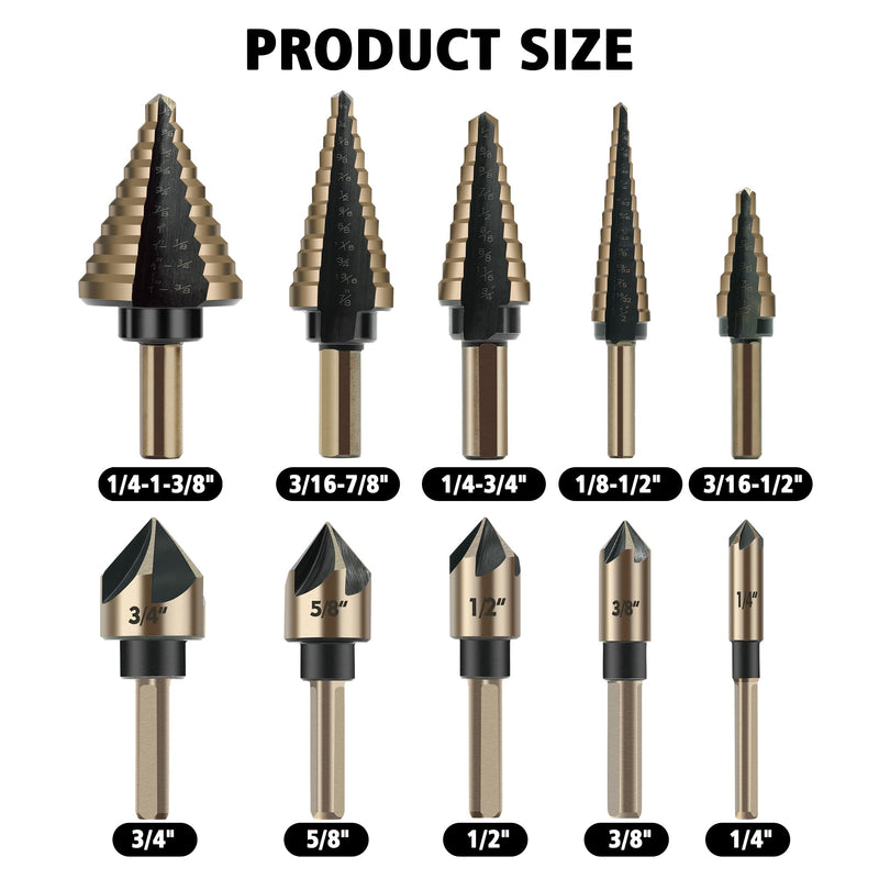 GMTOOLS 5Pcs Step Drill Bit & 5Pcs Countersink Drill Bit Set, Titanium Coated, 50 Sizes of Step Bit for Metal with Aluminum Case, Multiple Hole Stepped Up Bits for DIY 11PCS