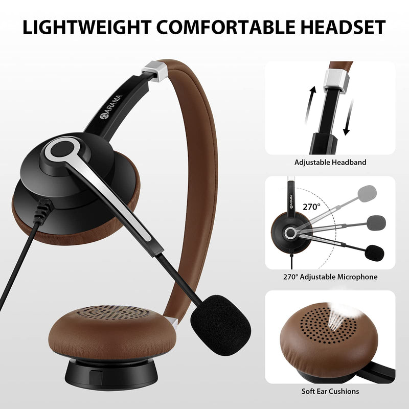 Arama USB Headset with Microphone Noise Cancelling & in-line Call Controls, Ultra Comfort 3.5mm Wired Headset for Cell Phone, Computer Headset with Mute for PC Laptop Skype Webinar Home Office Brown