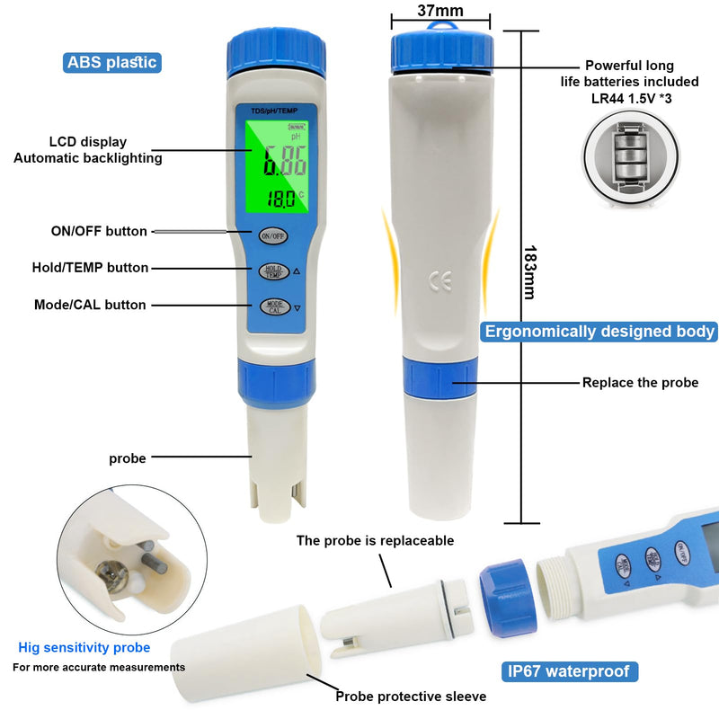 Ueomul pH meter 3 IN 1 with TDS temperature multi-parameter tester 0.01 resolution high accuracy waterproof IP67 water quality tester with automatic temperature compensation