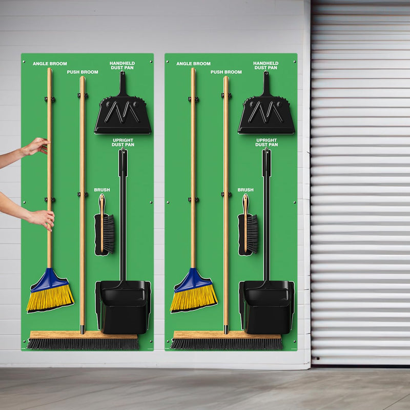 Clean & Sweep 5S Shadow Board/Wall Mount Broom Holder, 68" x 30" Board, 5S Cleaning Station - with Broom and Dustpan Set Included, Made in The USA by AccuformNMC, Green/Black, PSB616GNBK