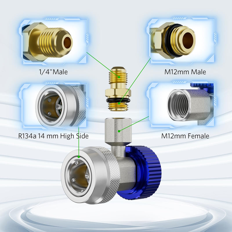 R134a Quick Coupler Adapter, Adjustable R134a Adapters, Quick Connectors for Car AC Systems, HP and LP Fittings for Evacuation and Recharging, 1/4" Flares, Set of 2