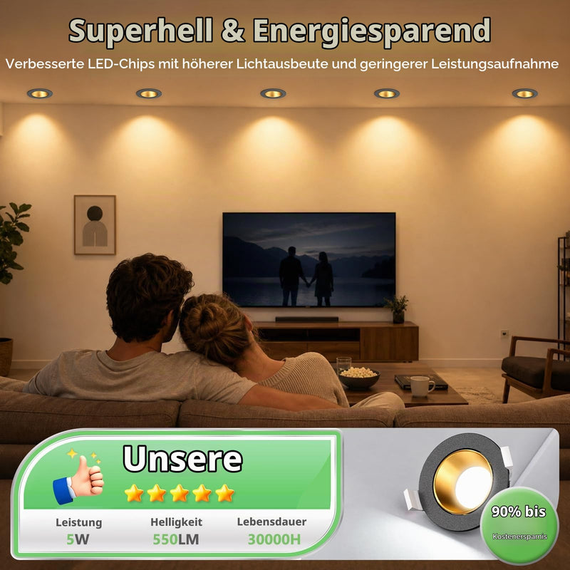 YindaLux 6x LED Recessed Spotlights 230 V Dimmable 5 W Black Gold Hole 75-80 mm | 550LM, 3CCT 3000K/4000K/6500K, 38°/120° beam angle, 45° swivel, IP44, removable LED module, deep reflector shell 6 pieces-38°/120° beam angle