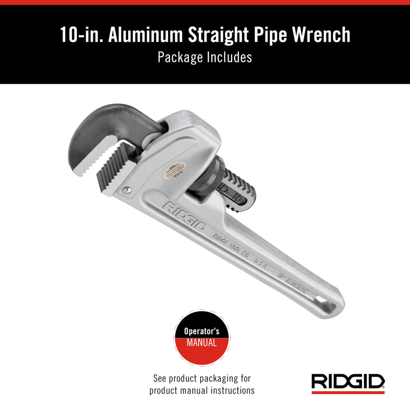 RIDGID 31090 Aluminum Straight Pipe Wrench, 10" Sturdy Plumbing Wrench with Self Cleaning Threads and Hook Jaws Small Music