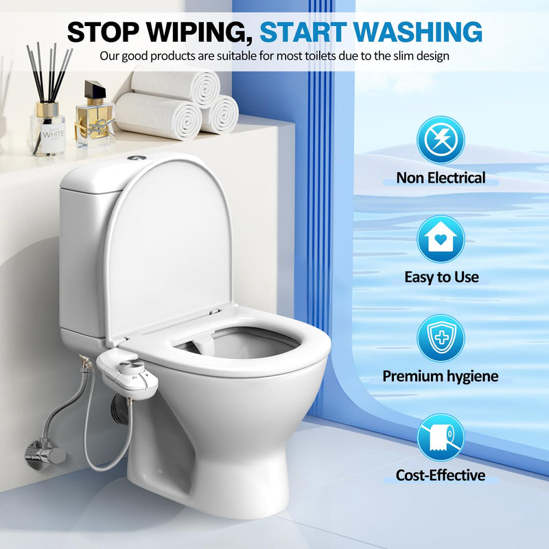 Non-Electric Bidet Attachment for Toilet, Ultra Slim Self-Cleaning Retractable Dual Nozzles for Rear & Feminine Wash, Adjustable Water Pressure,Stainless Steel Inlet